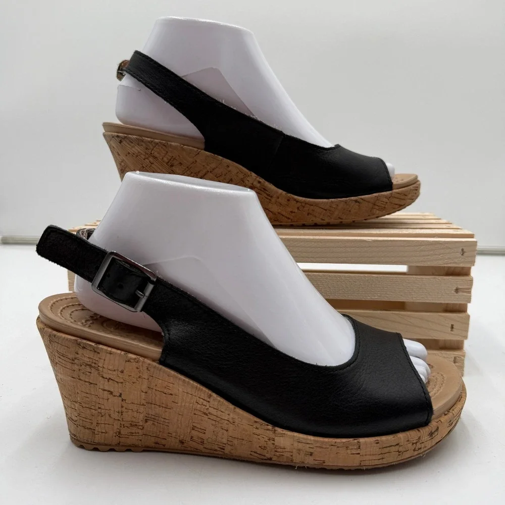 Crocs A-leigh Leather Wedge Sandals‎ Plaid Slingback Cork Heel Black Womens 8